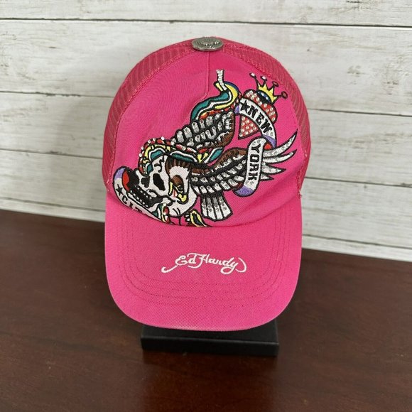 Ed Hardy Accessories - Don Ed Hardy New York Women's Pink Embroidered Rhinestone Trucker Snap Back Hat